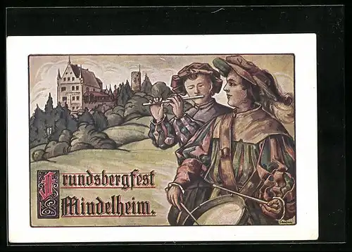 Künstler-AK Mindelheim, Festpostkarte des Grundsbergfestes, Farbenfroh gekleidete Musikanten