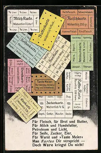 AK Lebensmittelmarken für Milch, Fleisch, Eier und Seife, Kriegsnot