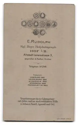 Fotografie E. Rudplph, Hof i. B., Lorenzstr. 3, Portrait stattlicher Herr mit Schnurrbart