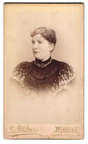 Fotografie L. Stöber, Hamburg, Hermannstr. 48, Portrait bildschöen Dame in elegant bestickter Bluse