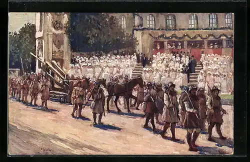 Künstler-AK Kaiser-Jubiläums-Huldigungs-Festzug Wien 1908, Gruppe II:Zeit König Albrechts I.-Auszug von Wiener Bürgern