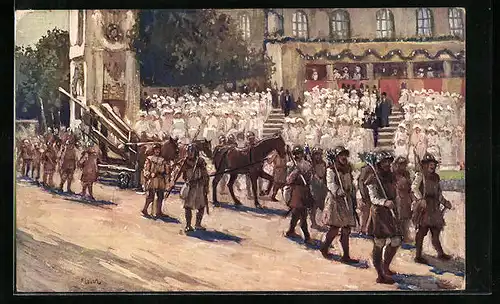 Künstler-AK Kaiser-Jubiläums-Huldigungs-Festzug Wien 1908, Gruppe II:Zeit König Albrechts I.-Auszug von Wiener Bürgern