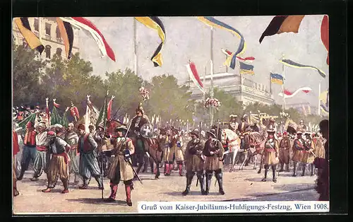 Künstler-AK Kaiser-Jubiläums-Huldigungs-Festzug Wien 1908