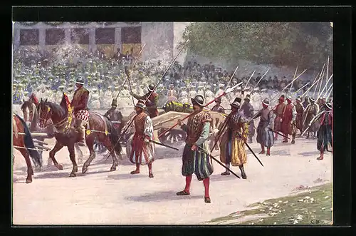 Künstler-AK Kaiser-Jubiläums-Huldigungs-Festzug Wien 1908, Gruppe VII: Heereszug Ende des XVI. Jahrhunderts