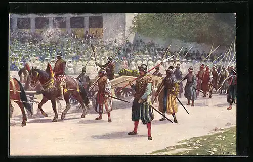 Künstler-AK Kaiser-Jubiläums-Huldigungs-Festzug Wien 1908, Gruppe VII: Heereszug Ende des XVI. Jahrhunderts