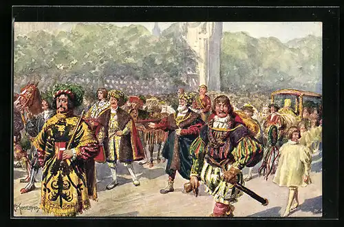 Künstler-AK Kaiser-Jubiläums-Huldigungs-Festzug Wien 1908, Gruppe V: Doppelhochzeit der Enkel Kaiser Maximilians I.