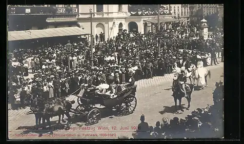 AK Kaiser-Jubiläums-Huldigungs-Festzug Wien, 12. Juni 1908, Nationalitätengruppe (Strassenleben u. Fuhrwerk 1830-1845)