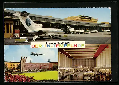 AK Berlin, Flughafen Tempelhof, Flugzeug beim Start und Inneres der Abfertigungshalle