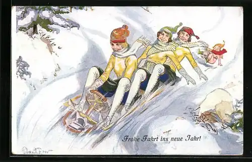 Künstler-AK Plantikow: Junge Damen fahren mit dem Schlitten durch den Schnee, Frohe Fahrt ins neue Jahr!