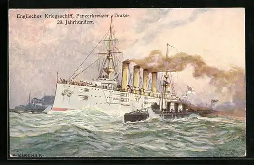 Künstler-AK Alexander Kircher: Englisches Kriegsschiff, Panzerkreuzer Drake auf hoher See