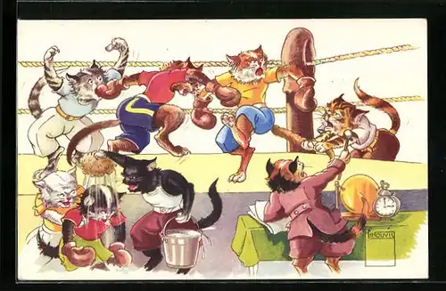 Künstler-AK Paul Minouvis: Vermenschlichte Katzen toben als Boxer im Ring
