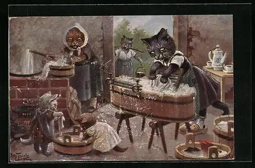 Künstler-AK Arthur Thiele: Vermenschlichte Katzen bei der Arbeit in der Waschküche