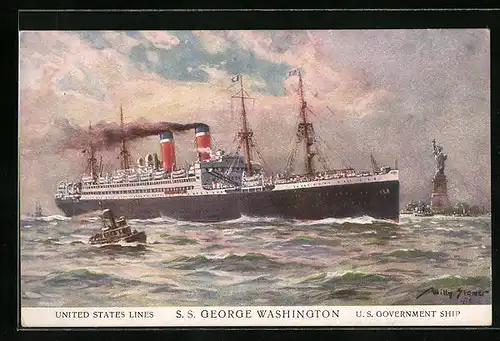 Künstler-AK Willy Stoewer: Passagierschiff S. S. George Washington passiert die Freiheitsstatue