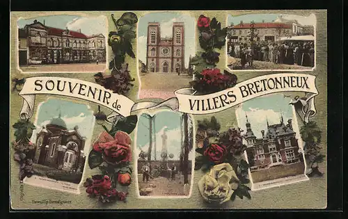 AK Villers-Bretonneux, L`Eglise, La Mairie, La Chapelle, Le Monument des soldats morts en 1870