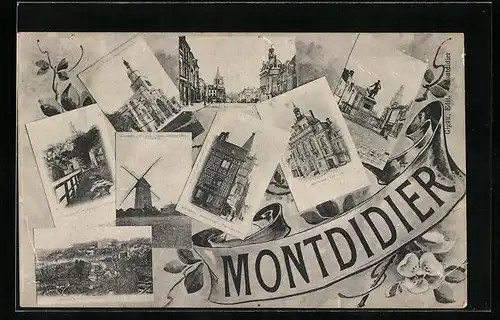 AK Montdidier, Les Impressions de la ville, Vue générale, Le Moulin, L`Eglise