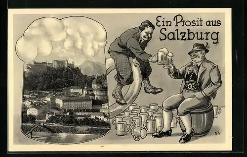 AK Salzburg, Ortsansicht im Bierglas und Bier trinkende Männer
