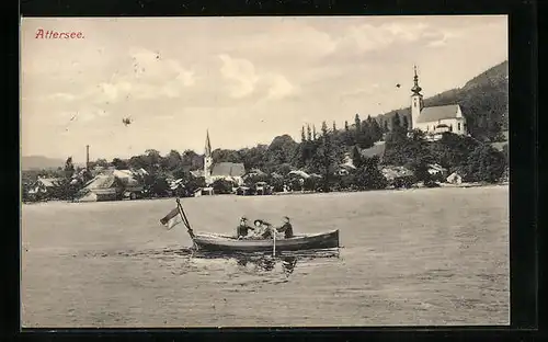 AK Attersee, Ruderer auf dem See, Ortsansicht mit Kirche