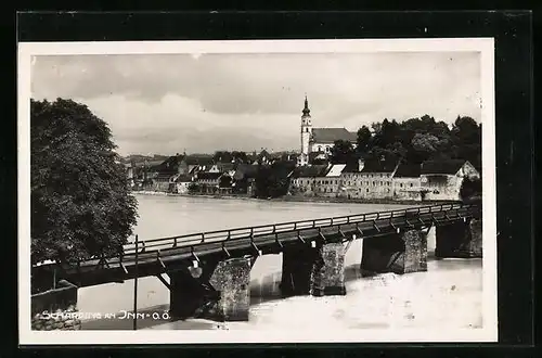 AK Schärding am Inn, Flusspartie mit Brücke