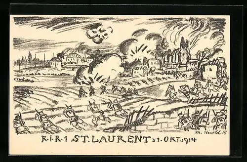 Künstler-AK St. Laurent, Gefechtsszene vor der Stadt vom 21. Oktober 1914