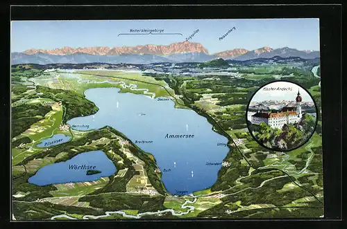 AK Stegen, Landkarte des Ammersees mit der Umgebung, das Kloster Andechs