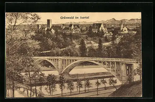 AK Grünwald im Isartal, Ortsansicht mit der Brücke im Vordergrund