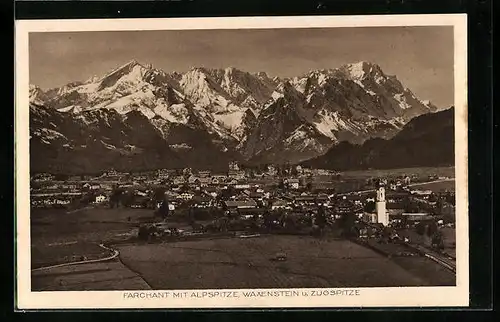 AK Farchant, Fliegeraufnahme der gesamten Ortschaft mit Alpspitze, Waxenstein und Zugspitze