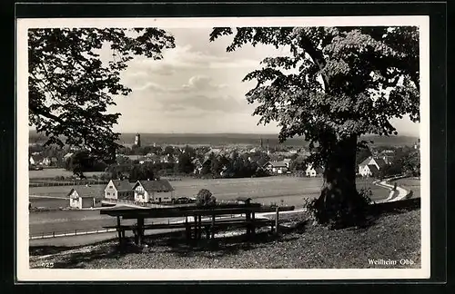 AK Weilheim in Obb., Ortspanorama mit dem Gasthof im Vordergrund