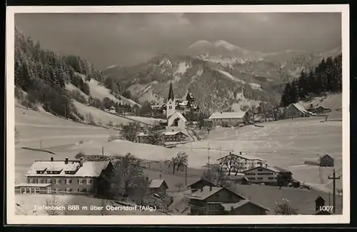 AK Tiefenbach i. bayr. Allgäu, Blick auf den eingeschneiten Ort über Oberstdorf