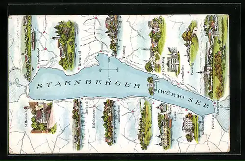 Lithographie Starnberg, Landkarte des Starnberger See mit angrenzenden Orten, Seeshaupt, Bernried und Tutzing