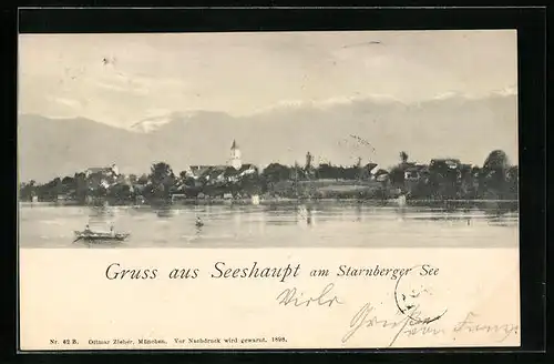 AK Seeshaupt am Starnberger See, Blick zur Kirche, Alpenpanorama dahinter