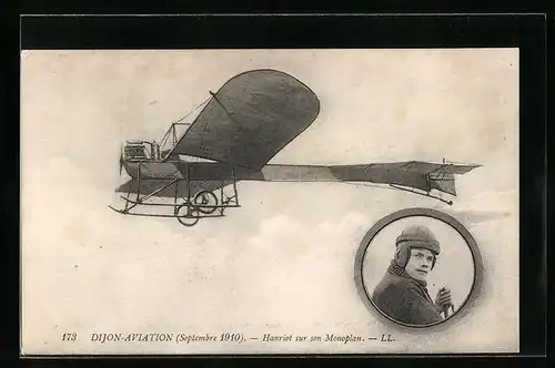 AK Hanriot sur son Monoplan, Dijon-Aviation 1910, Portrait & Flugzeug