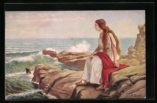 Künstler-AK sign. P. Herthel: Gudrun sitzt auf einem Felsen und blickt auf's Meer hinaus