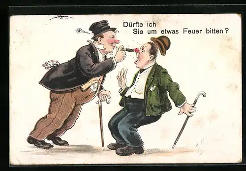 Künstler-AK Willi Scheuermann: Dürfte ich Sie um etwas Feuer bitten?, Mann zündet die Zigarrare an einer Männernase an