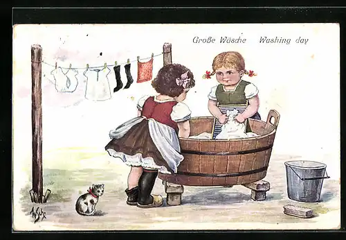 Künstler-AK Willi Scheuermann: Grosse Wäsche, zwei Mädchen waschen Wäsche in einer Waschschüssel