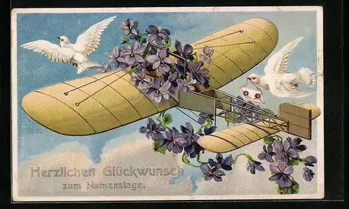 Präge-AK Weisse Tauben begleiten ein mit Blumen geschmücktes Flugzeug, Namenstag
