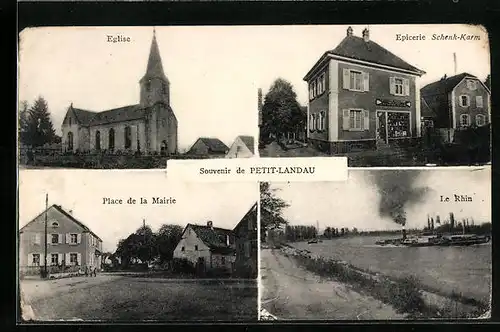 AK Petit-Landau, Eglise, Epicerie Schenk-Karm, Place de la Mairie