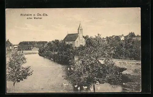 AK Rixheim, am Alten Weiher, Kirche am Ufer