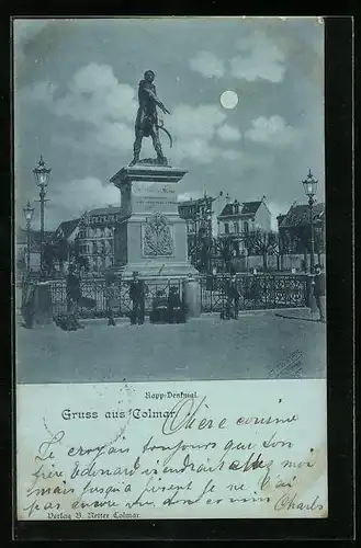 Mondschein-AK Colmar i. E., Passanten vor dem Rapp-Denkmal