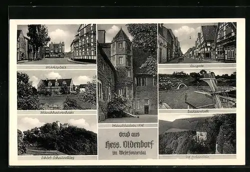 AK Hess. Oldendorf, Marktplatz, Münchhausenhaus, Langestrasse, Badeanstalt, der Hohenstein