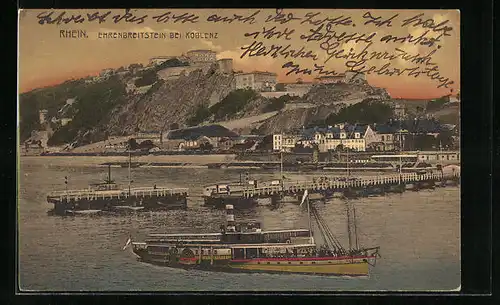 AK Koblenz am Rhein, Blick zur Festung Ehrenbreitstein mit Dampfer
