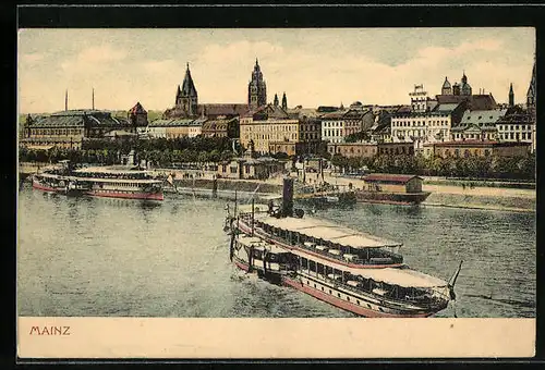 AK Mainz am Rhein, Blick über den Rhein zur Stadt mit Dampfer