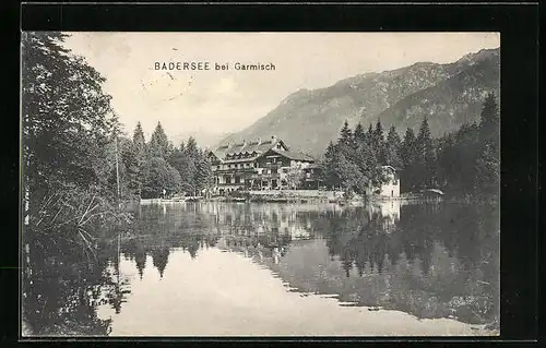 AK Garmisch, Der Badersee mit Alpenhotel