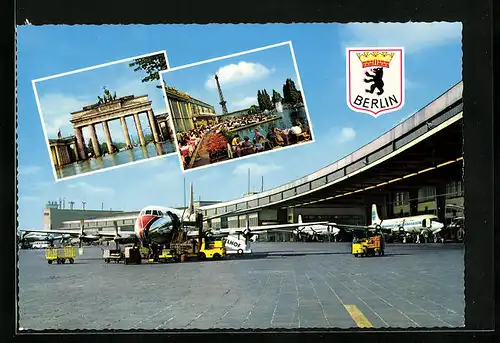 AK Berlin, Zentralflughafen Tempelhof mit Brandenburger Tor, Funkturm und Wappen