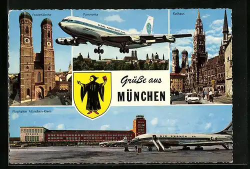 AK München, Flughafen Riem, Rathaus, Frauenkirche, Panorama