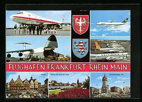 AK Frankfurt /Main, Flughafen Rhein-Main, Römer, Partie am Main mit Dom, Eschenheimer Tor und Wappen