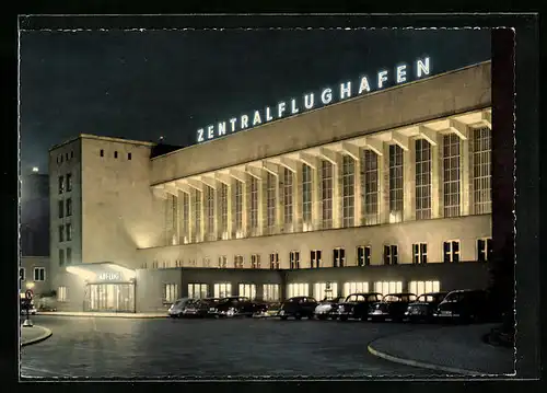 AK Berlin-Tempelhof, Zentralflughafen am Abend