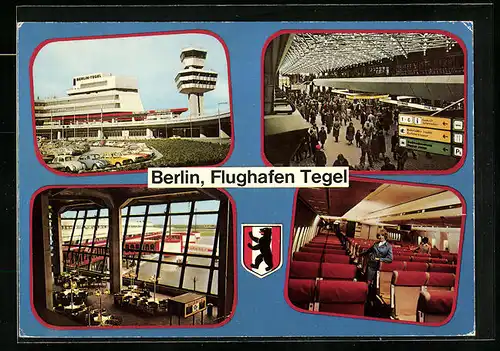 AK Berlin-Tegel, Vier Ansichten vom Flughafen mit Wappen