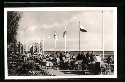 AK Frankfurt am Main, Welt-Flughafen Rhein-Main, Kaffeegarten mit Flugzeugrampe