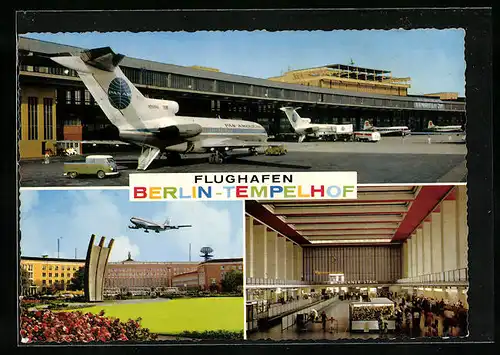 AK Berlin-Tempelhof, Flughafen mit Abfertigungshalle und Ludftbrücken-Denkmal