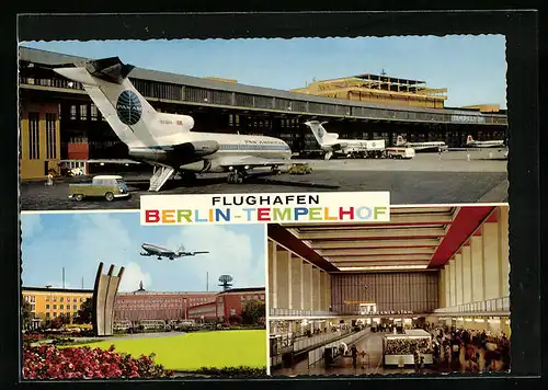 AK Berlin-Tempelhof, Flughafen mit Abfertigungshalle und Ludftbrücken-Denkmal